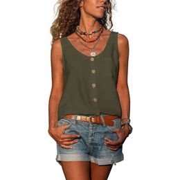 Summer Women's Solid Color V Neck Button Vest Casual Loose Sleeveless Pocket Tank Tees Ladies Oversized Pullover Tops 210507