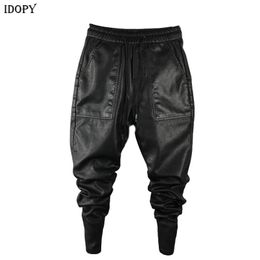 Idopy Men`s Winter Warm Faux Leather Harem Pants Elastic Waist Drawstring PU Joggings Trousers For Male 210715