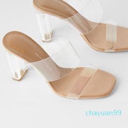 2021 Selling Women PVC Jelly Sandals 9 CM Square Toes Crystal Chunky Heels Open Toes Transparent Designer Shoes