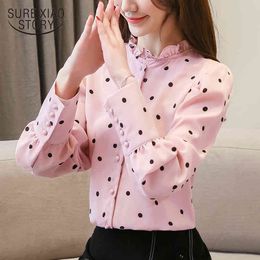 Spring Fashion Standing Collar Dot Pattern Women Office Lady Long Sleeve Shirts Blouse and Top 3076 50 210417