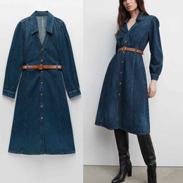 ZA Vintage Denim Dress Women Long Sleeve Belt Office Spring Dresses Woman Chic Button Up Slim Blue Midi Dress Vestidos 210602