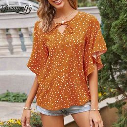 Tie Neck Ruffle Sleeve Polka Dot Chiffon Blouse Women Summer Short Loose Korean Female Tops and Blouses 210510