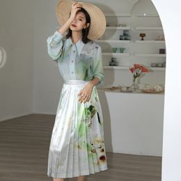 Printed Shirt Pleated Two-piece Fashion Trend Japanese Style Blouse Tie Dye Skirt Sweet Loose Casual Clothing Summer 210510