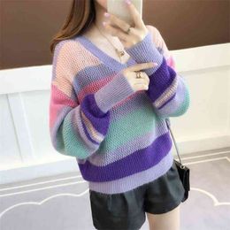 Rainbow Striped Sweater Loose Pullover Spring And Autumn Women's Long-sleeved V-neck Shirt Women 210427