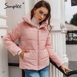 Warm pink autumn winter turtleneck Causal pocket long sleeve women outwear fashion windproof parkas 210414