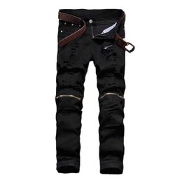 Idopy Men`s Fashion Street Style Jeans With Knee Zippers Distressed Ripped Hip Hop Stretchy Denim Joggers Pants X0621