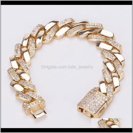 Link, Bracelets Jewelry1 Hip Hop Micro Paved Cubic Zirconia Bling Iced Out Square Cuban Miami Link Chain Bangle Bracelet For Men Rapper 14Mm