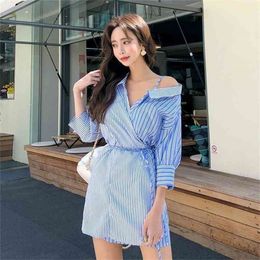 fall products fashion ladies striped temperament slim dress Office Lady Knee-Length Polyester 210416