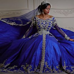 Royal Blue Muslim Wedding Dresses Long Sleeve V Appliques Bridal Gowns Luxury Beaded A Line Turkey De Soirée De Mariage