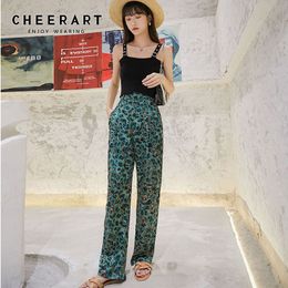 Green Leopard Satin Pants Summer Trousers Women High Waist Slacks Flowy Long Pant Korean Streetwear 210427