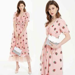 Autumn Pink High-quality Casual Retro Elegant Mesh Embroidery V-neck Ruffled Lace Short-sleeved V-neck Holiday Long Dress 210419