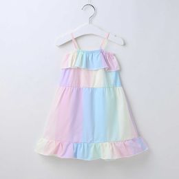 FOCUSNORM 0-4Y Summer Lovely Baby Girls Dress Rainbow Print Ruffles Sleeveless Knee Length A-Line Sundress Q0716