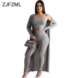 Autumn Winter 3 Piece Matching Set Women Tank Crop Top+Pencil Pant+Maxi Open Stitch Sweatsuits Casual Ribbed Three Piece Outfits Y0625
