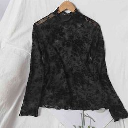 Autumn Blouse All-match Pullover Stand Collar Flocking Floral Bottoming Shirt Korean Japan See-through Sexy Tops Female GX1179 210506