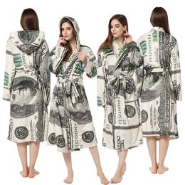 A New US dollar printed men's and women's home wear warm flannel bath Personalised bathrobe
