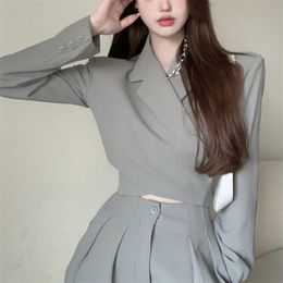 High Quality Korean Casual 2 Piece Set Women Crop Top Blazer Coat + Waist Long Pants Suits Two Outfits Ensemble Femme 210514