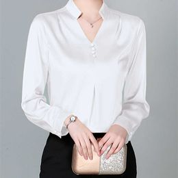 Women's Summer Blouses Solid Satin Shirt for Women Long Sleeve Clothing White V-neck Female Trf 210604