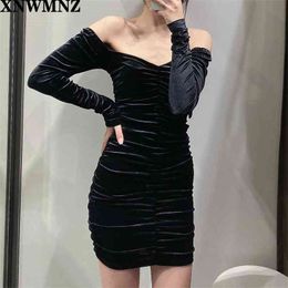 women Fashion velvet dress Female Vintage Short long sleeve dresses with wide V-neckline gathered detail chic Ladies 210520