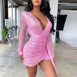 ELSVIOS New Silver Sequined Bright Bodycon Dress Women Sexy Deep V-neck Slim Mini Dress Autumn Long Sleeve Irregular Party Dress X0521