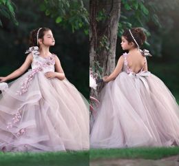 Lovely Pink Princess Ball Gown Pageant Dresses for Little Girls Bow 3D Flowers Beaded Lace Appliques Baby Kids Birthday Formal Wear Backless Flower Girl Dress AL8965