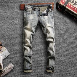 Italian Style Fashion Men Jeans Retro Blue Elastic Slim Fit Casual Denim Pants High Quality Streetwear Vintage Designer Trousers