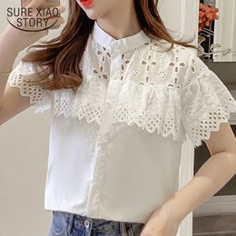 Fashion Women And Blouses Ladies Tops Lace Blouse White Shirts Short Sleeve Shirt Solid Stand 4127 50 210415