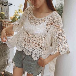 Lady's Short Sleeve Blouse Summer Hollow Out White Lace Shirt Women Hook Floral Top Female Sunscreen Blusas 14127 210521