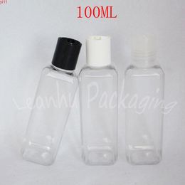 100ML Transparent Square Plastic Bottle With Disc Top Cap , 100CC Lotion / Shampoo Packaging Empty Cosmetic Containerhigh qty