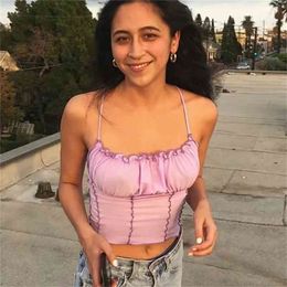 Foridol ruffle purple cami crop tops women backless ruched black crop tops camisole chic streetwear elastic basic tops summer 210415