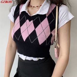 Fashion Vest Autumn V-neck Tops vintage argyle Sweater For Women Pink Sleeveless Plaid Knit Cardigan Casual Womens 210915