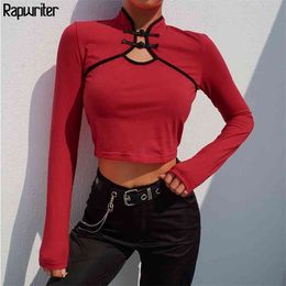 Chinese Knot Button Panelled Hollow Out Cotton T-Shirt Women Autumn Stand Collar Long Sleeve Stretch Tees Top 210510