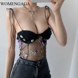 Sexy Lace Embroidery Hollow Perspective Thin Shoulder Strap Camisole Female Tank Tops Mesh Womens Girl E176 210603