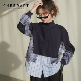 Autumn Sweatshirt Plaid Hoodies Women Patchwork Top Turtleneck Long Sleeve Pullover Korean Style Clothes 210427