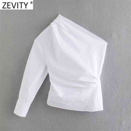 Women Fashion One Shoulder Asymmetrical Pleated Shirt Female Skew Collar Slim White Poplin Blouse Roupas Chemise Tops LS9202 210420