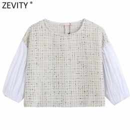 Zevity Women Vintage Lantern Sleeve Patchwork Casual Tweed Smock Blouse Female O Neck Hem Tassel Shirt Chic Blusas Tops LS9052 210603
