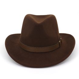 Wide Brim Wool Felt Cowboy Fedora Hats with Dark Brown Leather Band Women Men Classic Party Formal Cap Hat Wholesale