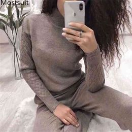 Fashion Knitted Two Piece Set Tracksuit Women Turtleneck Sweater + Jogger Pants Outfits Casual Warm Female 2 Pcs Sets 210513