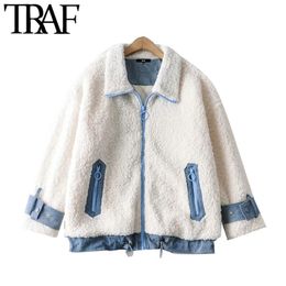 TRAF Women Fashion Oversized Faux Fur Teddy Jacket Coat Vintage Long Sleeve Zipper Pockets Female Outerwear Chic Tops 210415