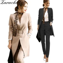 Autumn Business Women Sashes Middle Cut Out Blazers Suit + Full Length Pant Ladies 2 Piece Set 210416
