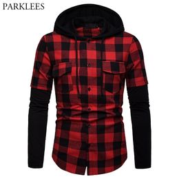 Red Black Plaid Hoodie Shirt Men Fashion Fake Two Pieces Cheque Hooded Shirts Mens Hipster Streetwear Shirt With Pockets Xxl 210522