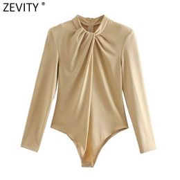 Zevity Women Fashion O Neck Knotted Decoration Bodysuits Ladies Shoulder Padded Back Zipper Slim Siamese Chic Rompers LS7321 210603