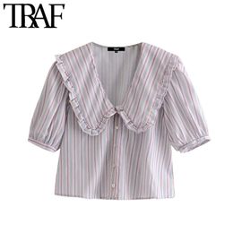 Women Sweet Fashion Peter pan Collar Striped Blouses Vintage Puff Sleeve Button-up Female Shirts Blusas Chic Tops 210507
