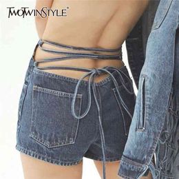 Sexy Cross Bandage Shorts For Women High Waist Casual Streetwear Lace Up Bowknot Denim Female Fashion 210521