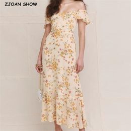 Summer Retro Elegant Elastic off Shoulder Long Dresses France Beige Floral Print Vintage Back Zipper Women Dress 210429