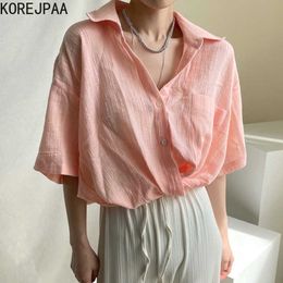 Korejpaa Women Shirt Summer Korean Temperament Lapel Single-Breasted Slightly Transparent Casual Five-Point Sleeve Blouses 210526