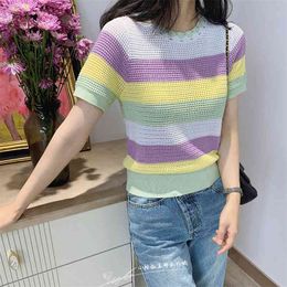 Fashion Women's Knitwear Summer Temperament Marshmallow Rainbow Stripes Hollow Knit Short Sleeve T-shirt 210520
