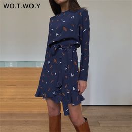 WOTWOY Casual Leaves Print Mini Dresses Female Summer Sashes A-Line Dress Lady Long Sleeve O-Neck Bodycon Dress Woman Blue 210409