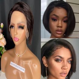 Brazilian Straight Hair Pixie Cut Lace Wig Remy Side T Part Short Bob Human Hair Wigs For Black Women 150% Density