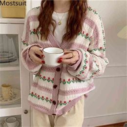 Autumn Korean Floral Knitted Vintage Ladies Cardigans Sweaters Women Single-breasted V-neck Hollow Elegant Fashion Tops 210513