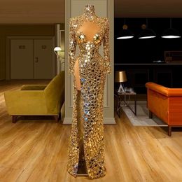 Gold Sparkly Sequins Mermaid Evening Dresses 2022 High Keyhole Neck Long Sleeves Beaded Sexy Side Slit Formal Prom Pageant Gowns